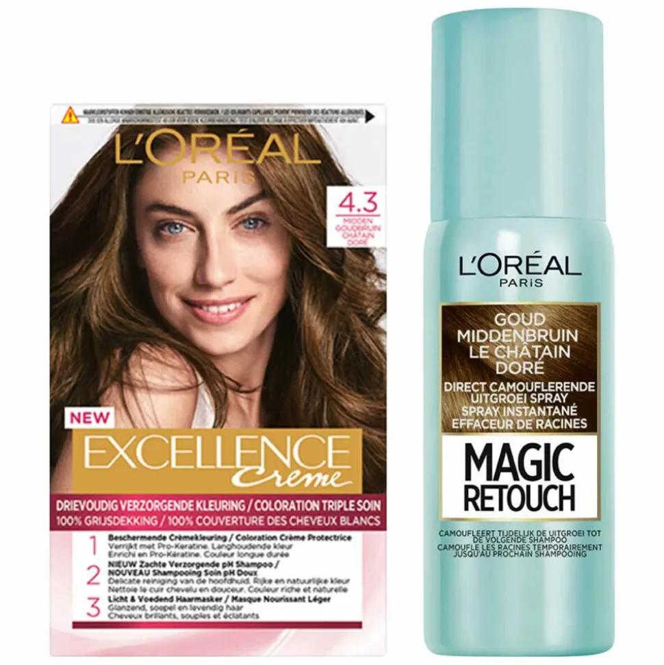 L'Oréal Excellence Creme Midden Goudbruin + Uitgroeispray Pakket