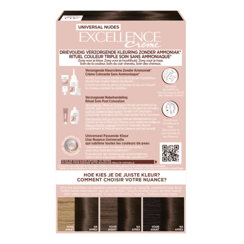 L'Oréal Excellence Crème Universal Nudes Permanente Haarkleuring 4U Universeel Middenbruin