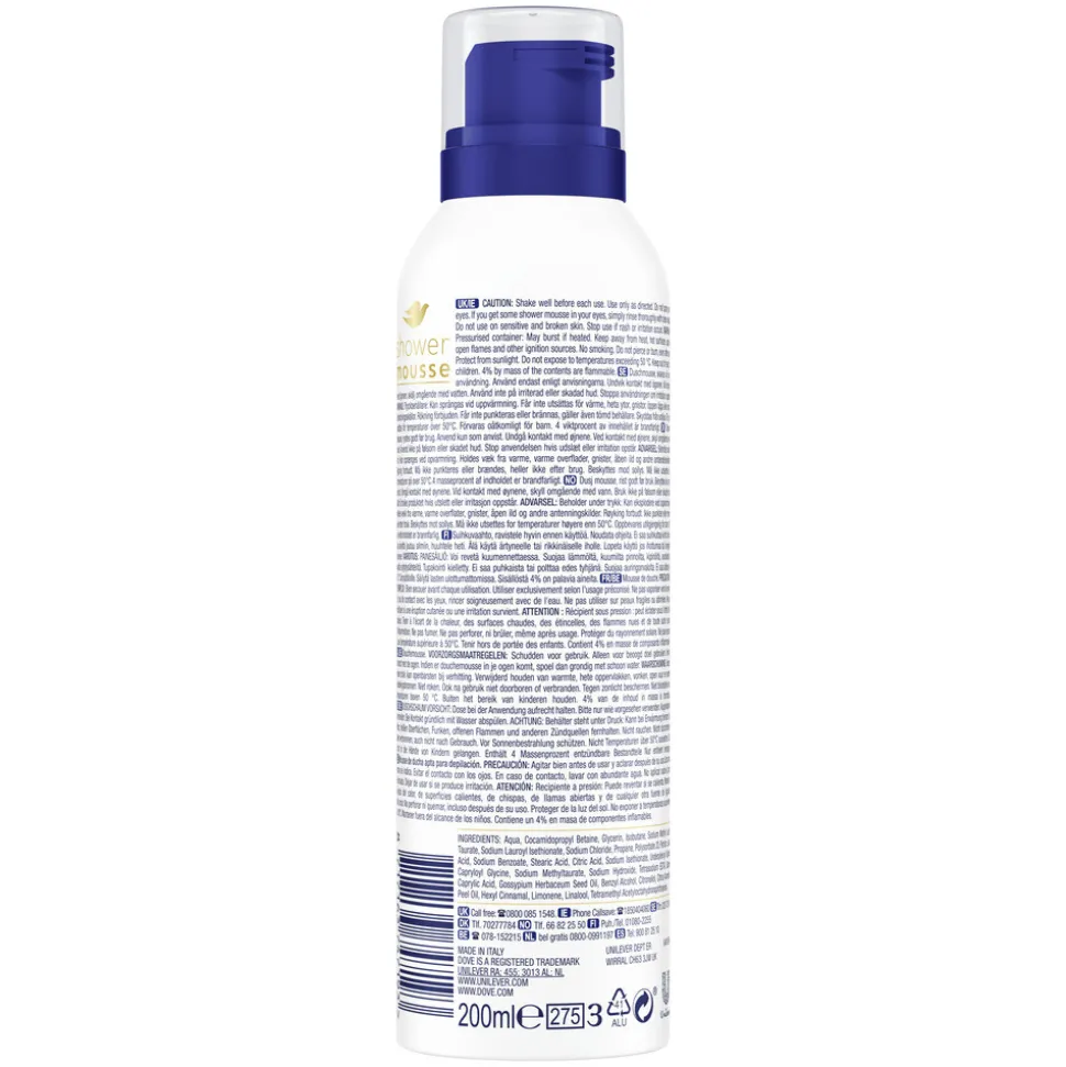 6x Dove Shower Foam Deeply Nourishing Cotton Oil 200 ml