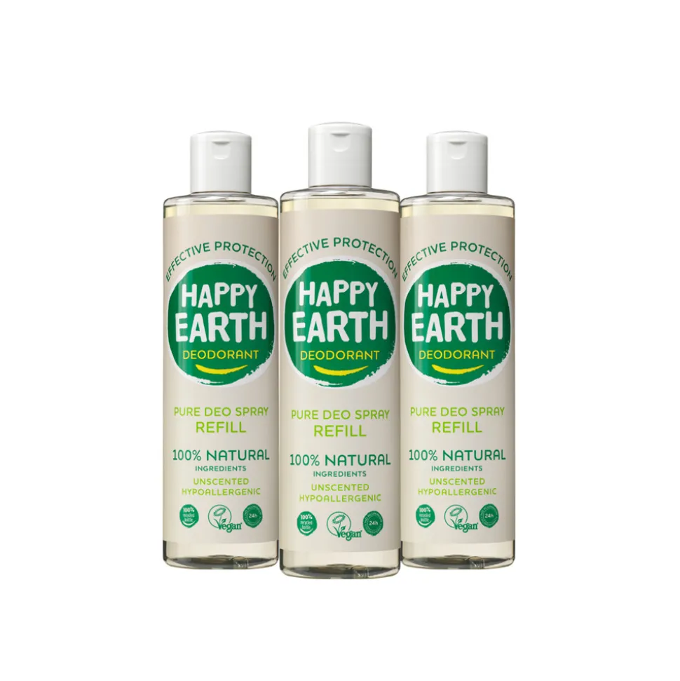 3x Happy Earth 100% Natuurlijke Deo Spray Navulling Unscented 300 ml