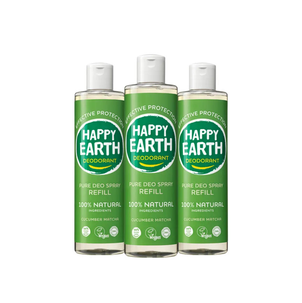 3x Happy Earth 100% Natuurlijke Deo Spray Navulling Cucumber Matcha 300 ml