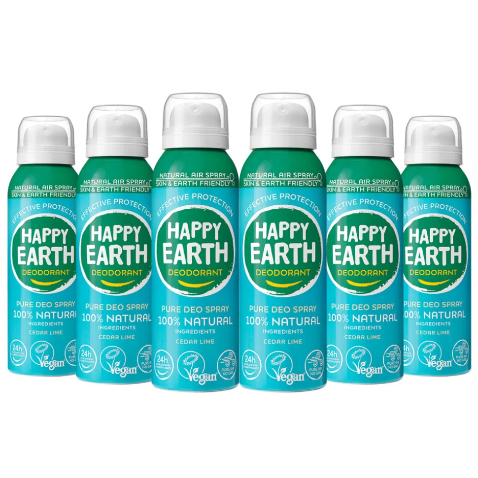 6x Happy Earth 100% Natuurlijke Deodorant Natural Air Spray Cedar Lime 100 ml