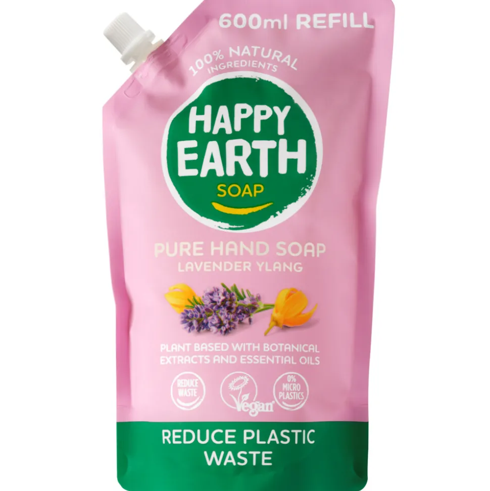 6x Happy Earth Handzeep Navulling Lavender Ylang 100% Natuurlijk 600 ml