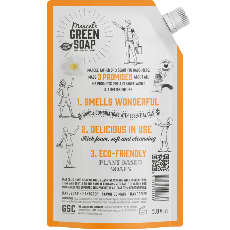 6x Marcel's Green Soap Handzeep Sinaasappel & Jasmijn Navul Stazak 500 ml