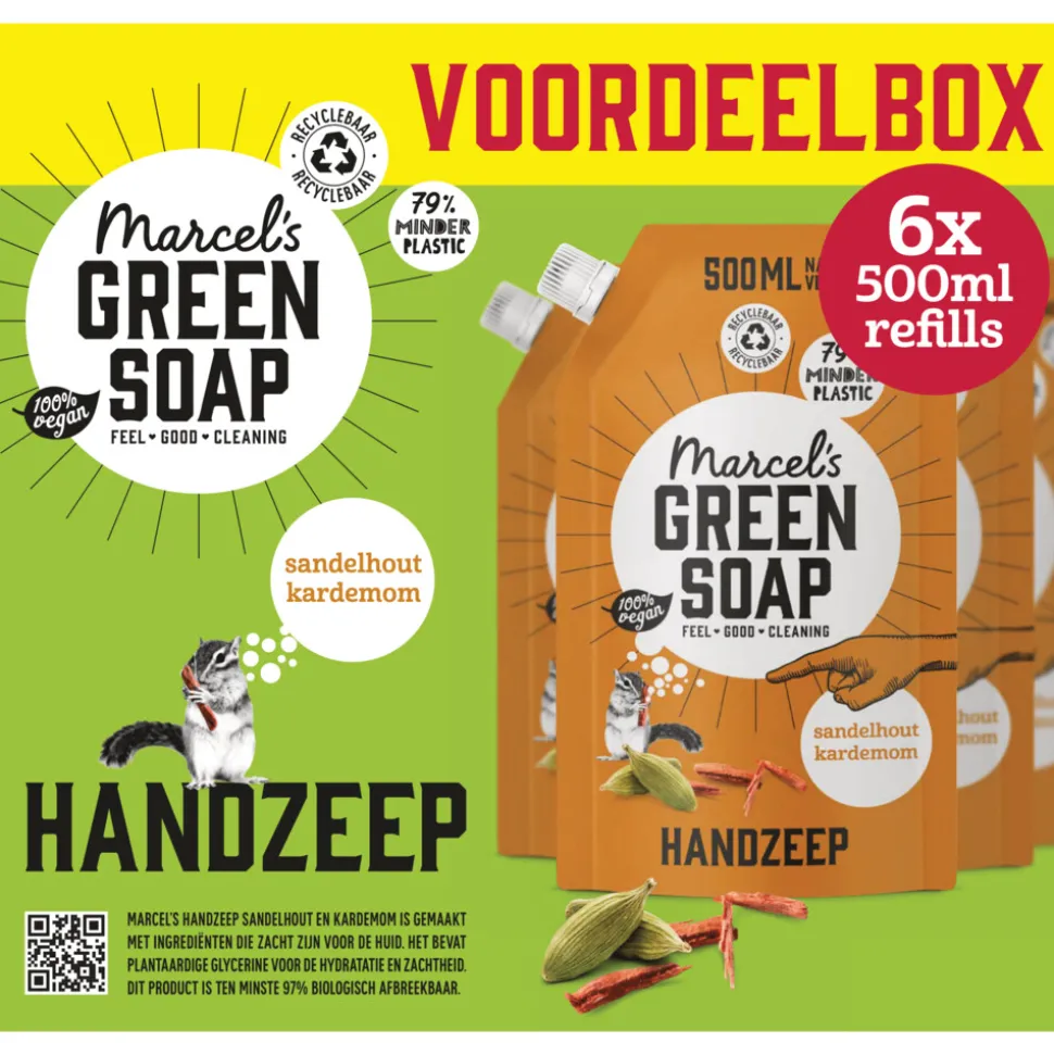 6x Marcel's Green Soap Handzeep Sandelhout & Kardemon Navul Stazak 500 ml