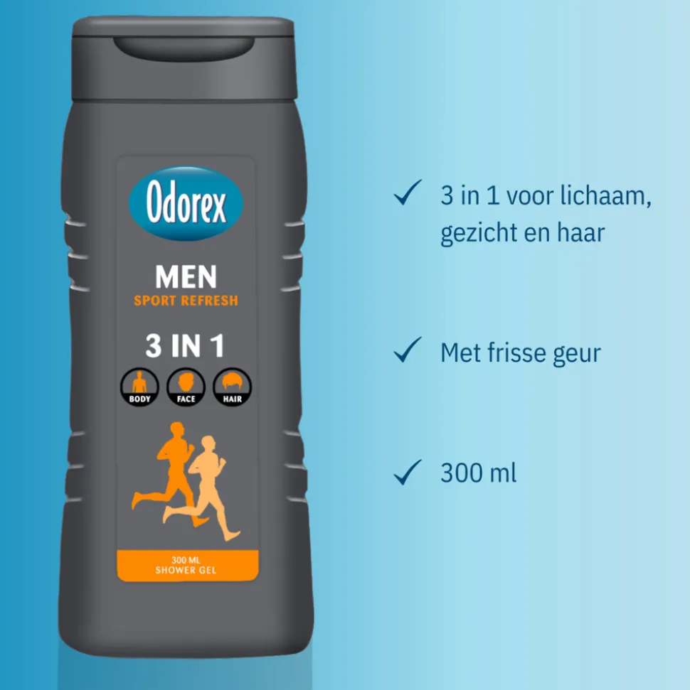 6x Odorex Douchegel For Men 3-in-1 Sport Refresh 300 ml